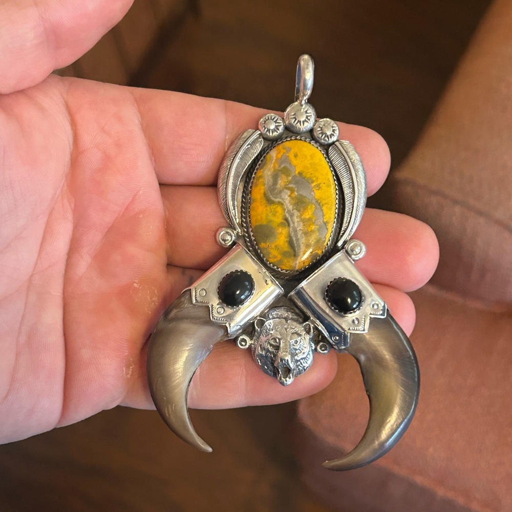 Sterling silver HUGE SIGNED bumblebee jasper onyx double bear claw pendant .925